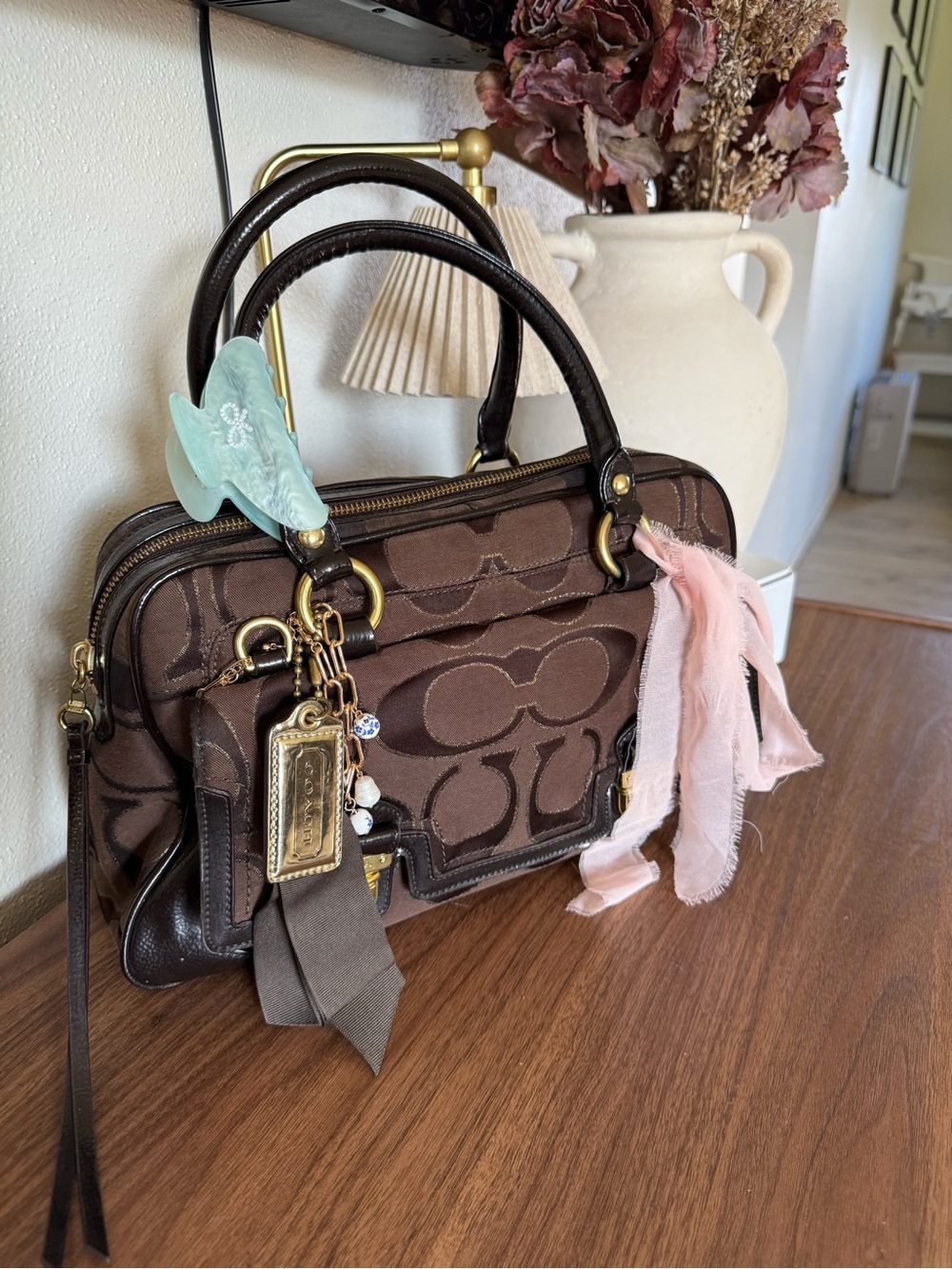 Coach Brown Signature Pattern Satchel with Gold Hardware